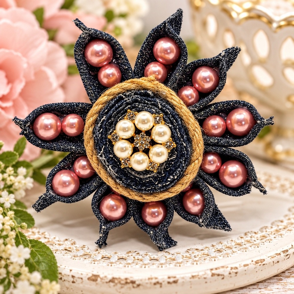 Handmade Denim Flower Pink Faux Pearl Rhinestone Glitter Blue Fabric Pin 14